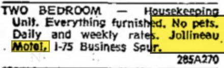 Jollineau Motel (OConnors Motel) - Nov 1973 Ad (newer photo)